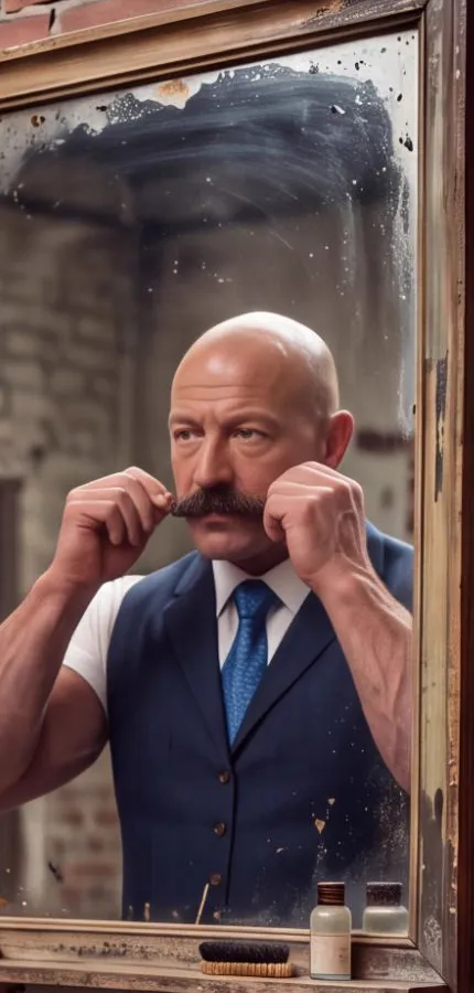 Bartholomew Brawn's reflection twisting his mustache in a locker room mirror