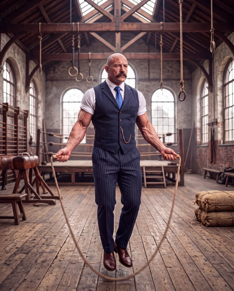 Bartholomew Brawn jumping rope in a waistcoat and dress shoes in a Victorian gym