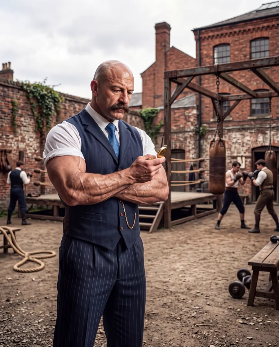 Bartholomew Brawn checking his pocket watch with arms crossed in an outdoor boxing yard